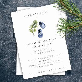 Small Cute Ink Blue Shoes Foliage Boy Baby Sprinkle Invitation Front View