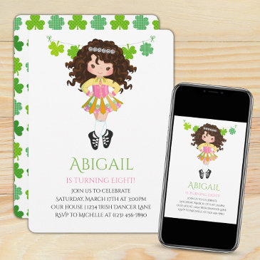 cute irish dance brunette girl shamrocks birthday invitation