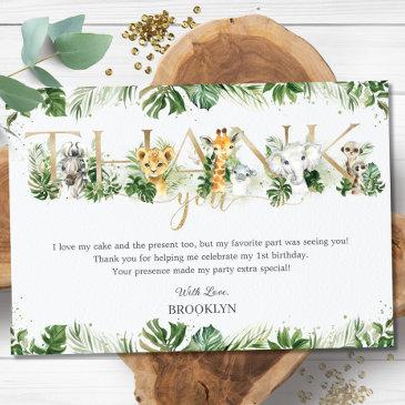cute jungle animals safari greenery 1st birthday thank you invitations