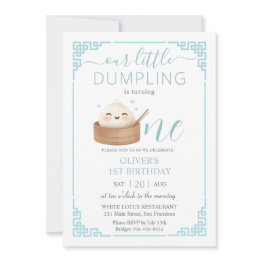 Small Cute Kawaii Little Dumpling Bun Blue 1st Birthday Invitation Front View