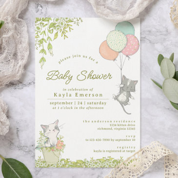 cute kittens & floral | neutral spring baby shower invitation