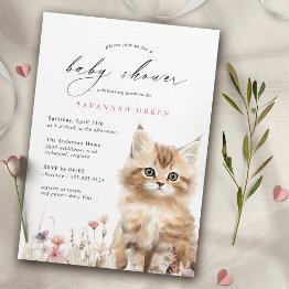 Small Cute Kitty Cat | Airy Floral Spring Baby Shower Invitation Front View