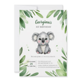 Small Cute Koala Bear With Green Leaves First Birthday Invitation Front View