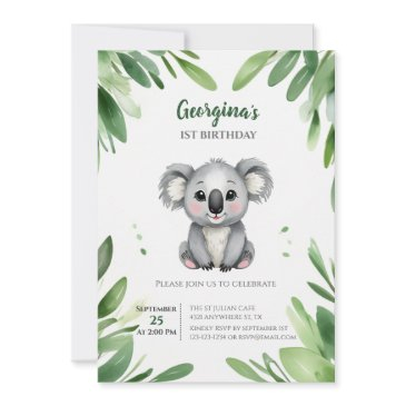 cute koala bear with green leaves first birthday invitation