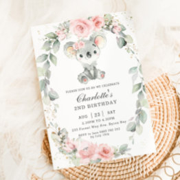 Small Cute Koala Pink Floral Sage Greenery Birthday Invitation Front View