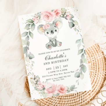cute koala pink floral sage greenery birthday invitation