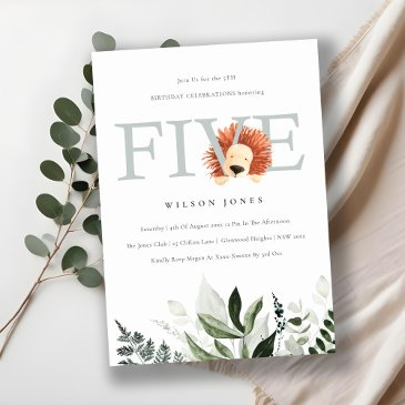 cute lion foliage 5th fifth birthday party invite