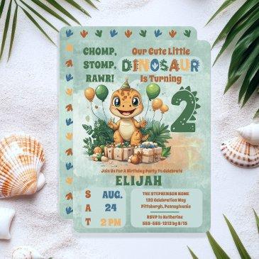 cute little dinosaur boy 2nd birthday party invitation