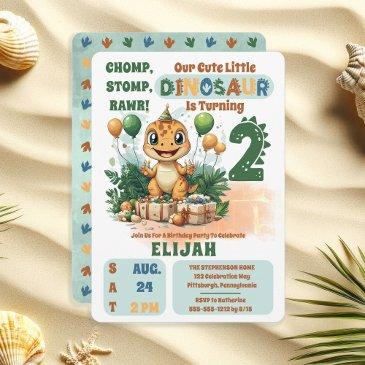 cute little dinosaur boy 2nd birthday party invitation