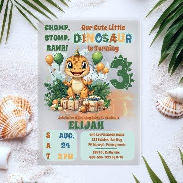 cute little dinosaur boy 3rd birthday party acrylic invitations