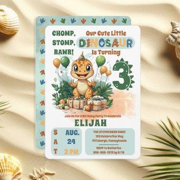 cute little dinosaur boy 3rd birthday party invitation
