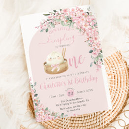 Small Cute Little Dumpling Cherry Blossoms 1st Birthday Invitation Front View