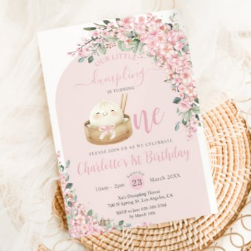 cute little dumpling cherry blossoms 1st birthday invitation