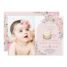 Small Cute Little Dumpling Cherry Blossoms 1st Birthday Invitation Front View