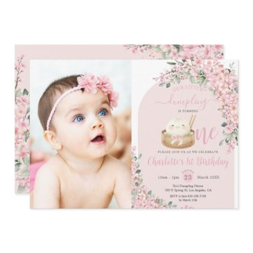 cute little dumpling cherry blossoms 1st birthday invitation