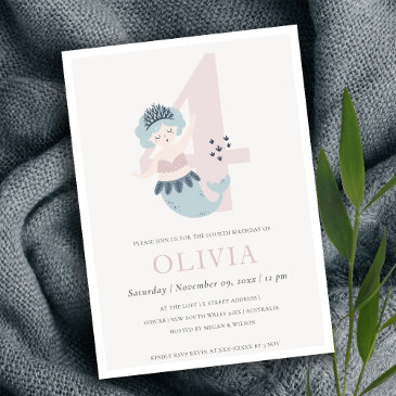 cute little pink blue mermaid 4th birthday invite