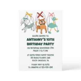 Small Cute Marionettes Puppet Show Themed Kids Birthday Invitation Front View