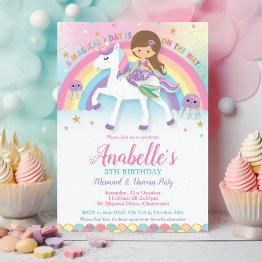 Small Cute Mermaid And Unicorn Rainbow Birthday Invitation Front View