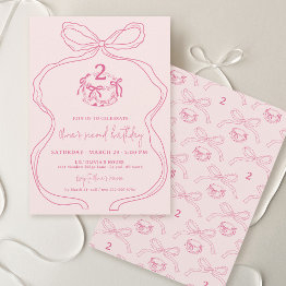 Small Cute Modern Hand Drawn Bow Pink Girl 2nd Birthday Invitation Front View