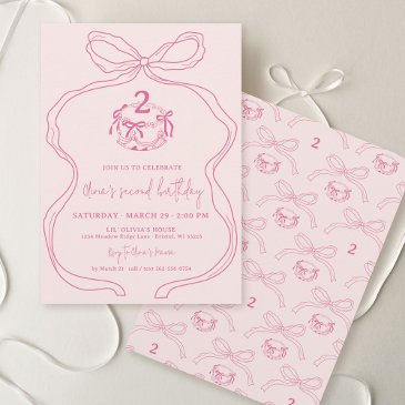 cute modern hand drawn bow pink girl 2nd birthday invitation
