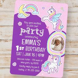 Small Cute Modern Rainbow Unicorns Kid's Birthday Photo Invitation Front View