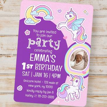 cute modern rainbow unicorns kid's birthday photo invitation