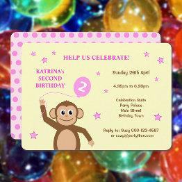 Small Cute Monkey Second Birthday Party Invitation Front View