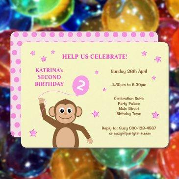 cute monkey second birthday party invitation