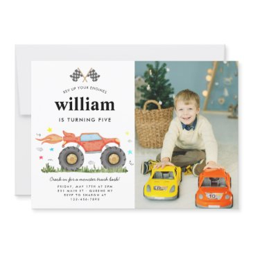cute monster truck bash race photo kids birthday invitation