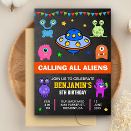 Small Cute Monsters And Aliens Birthday Party Invitation Front View