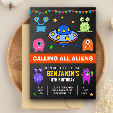 cute monsters and aliens birthday party invitation