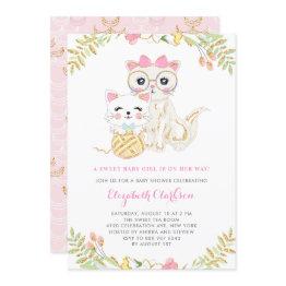 Small Cute Mother And Daughter Cats Floral Baby Shower Invitation Front View