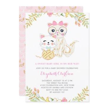 cute mother and daughter cats floral baby shower invitation