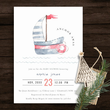 cute nautical pastel red blue sailboat baby shower invitation