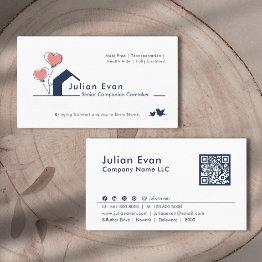 Small Cute Navy Blue White House Logo Senior Caregiver Business Invitations Front View