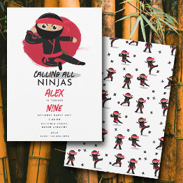 Small Cute Ninja Warrior Kids Black & Red Birthday Party Invitation Front View