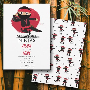 cute ninja warrior kids black & red birthday party invitation