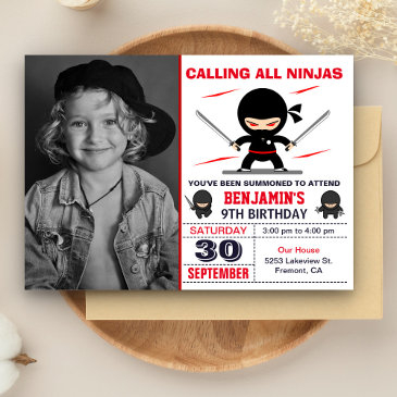 cute ninja warrior kids photo birthday party invitation