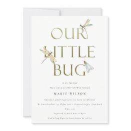 Small Cute Our Little Bug Gold Dragonfly Baby Shower Invitation Front View