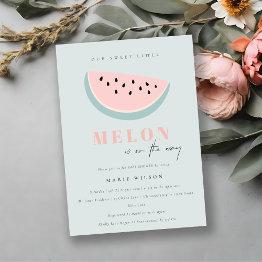 Small Cute Our Little Melon Pastel Pink Blue Baby Shower Invitation Front View