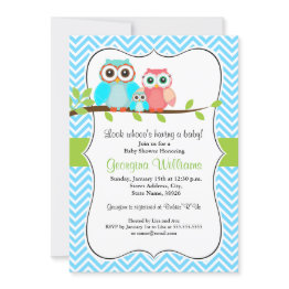 Small Cute Owl Baby Shower Invitation / Blue Green Front View