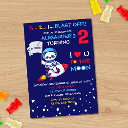 Small Cute Panda Bear Astronaut On Rocket Ship Birthday Invitation Front View