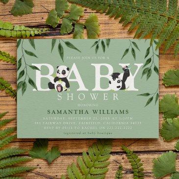 cute panda & foliage neutral baby shower invitation