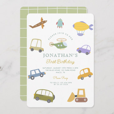 cute pastel car truck plane rocket first birthday invitation