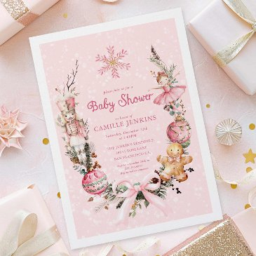 cute pink christmas baby shower invitation
