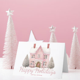 Small Cute Pink Christmas House New Home Address Holiday Invitations Front View