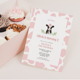 Small Cute Pink Cow Pattern Birthday Invitation Front View
