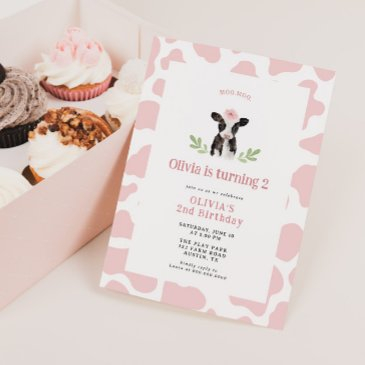 cute pink cow pattern birthday invitation