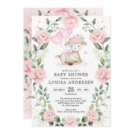 Small Cute Pink Floral Lamb Balloons Girl Baby Shower Invitation Front View