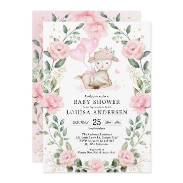 cute pink floral lamb balloons girl baby shower invitation